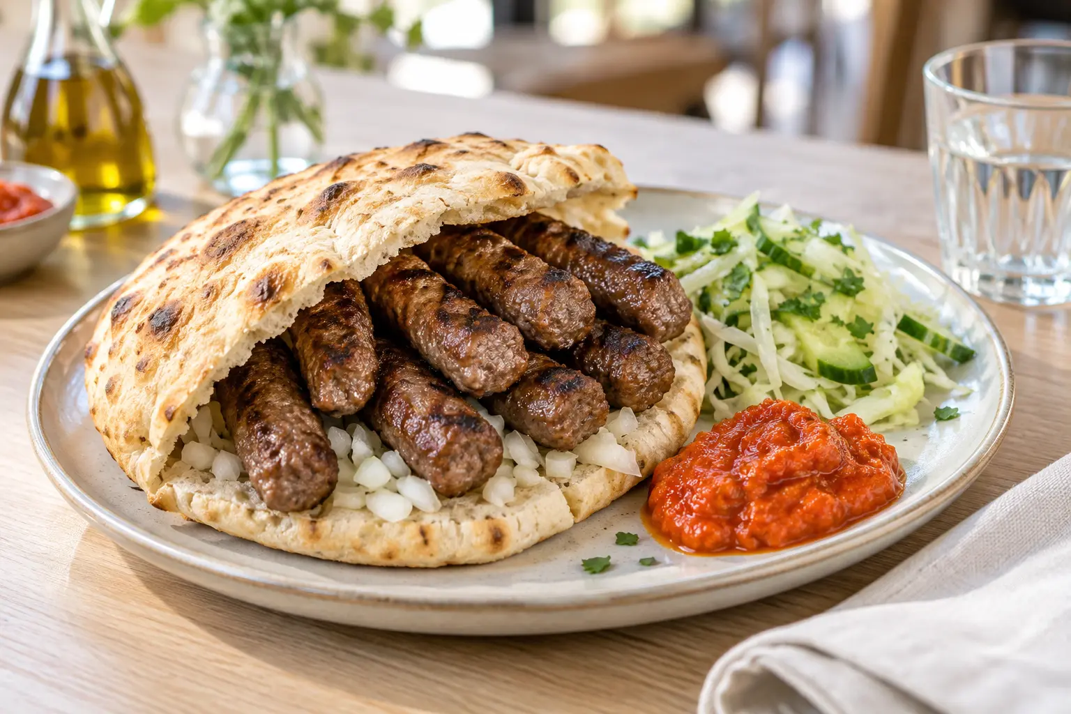 Ćevapčići im Fladenbrot mit Ajvar, Zwiebeln und frischem Salat