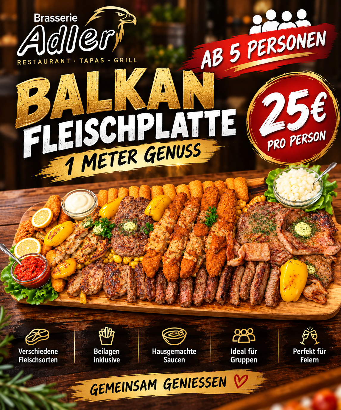 Balkan-Fleischplatte – 1 Meter Genuss, ab 5 Personen, 25 Euro pro Person