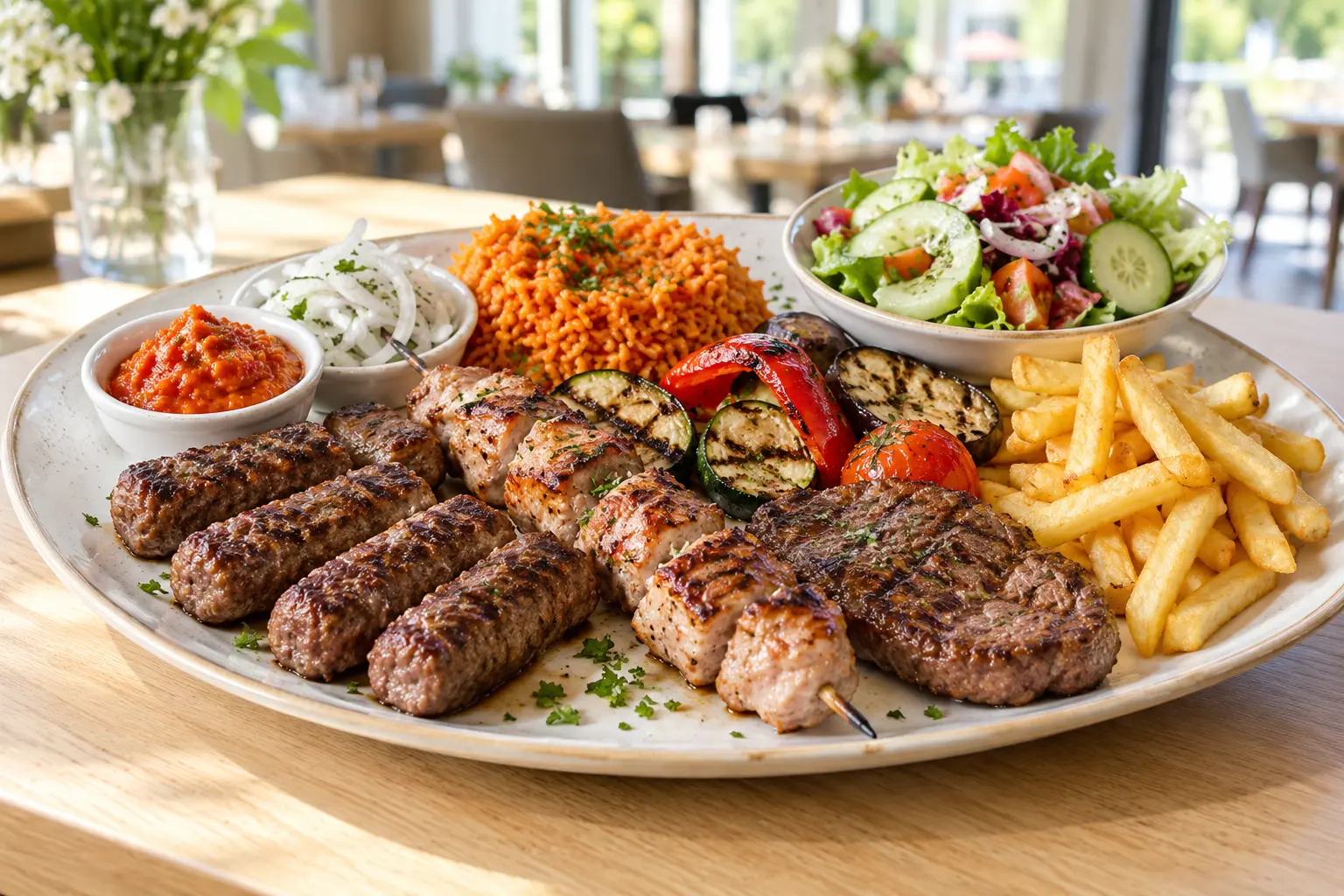 Große Balkan-Grillplatte mit Fleisch, Djuvec-Reis, Gemüse und Salat