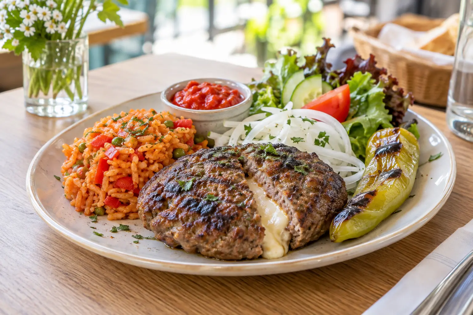 Gefüllte Pljeskavica mit Djuvec-Reis, Ajvar, Zwiebeln und Salat